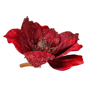 Blombrosch | Djup Röd/Guld/Glitter tygblomma med clips